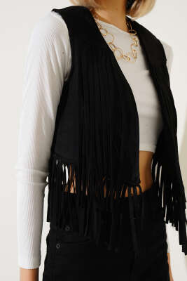 	 Püsküllü Kısa Süet Yelek Siyah - Thumbnail