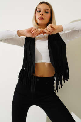 	 Püsküllü Kısa Süet Yelek Siyah - Thumbnail