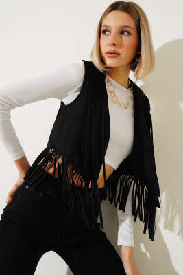 	 Püsküllü Kısa Süet Yelek Siyah - Thumbnail