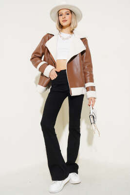 Fermuarlı Kürklü Deri Mont Taba - Thumbnail