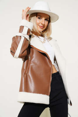 Fermuarlı Kürklü Deri Mont Taba - Thumbnail