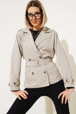 Apoletli Dört Düğmeli Trençkot Taş - Thumbnail