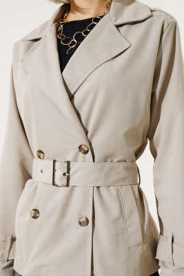 Apoletli Dört Düğmeli Trençkot Taş - Thumbnail