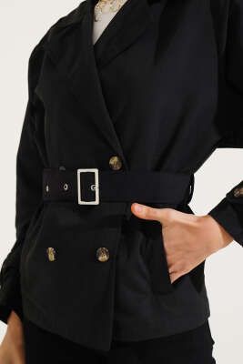 Apoletli Dört Düğmeli Trençkot Siyah - Thumbnail