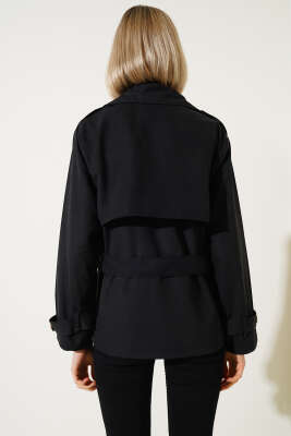 Apoletli Dört Düğmeli Trençkot Siyah - Thumbnail