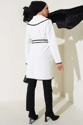 Çoban Dikişli Kuşaklı Hırka Beyaz - Thumbnail