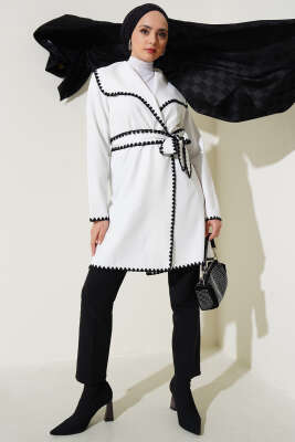 Çoban Dikişli Kuşaklı Hırka Beyaz - Thumbnail