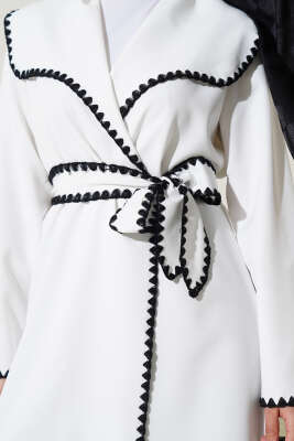 Çoban Dikişli Kuşaklı Hırka Beyaz - Thumbnail