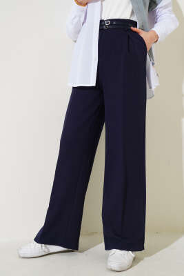 Çift Kemerli Salaş Pantolon Lacivert - Thumbnail