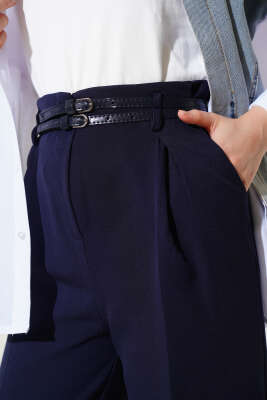 Çift Kemerli Salaş Pantolon Lacivert - Thumbnail