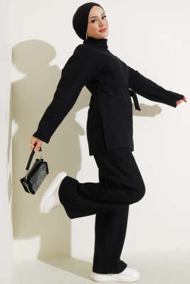 Pazarium - Balıkçı Yaka Fitilli Kuşaklı İkili Takım Siyah