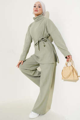 Pazarium - Balıkçı Yaka Fitilli Kuşaklı İkili Takım Çağla Yeşili