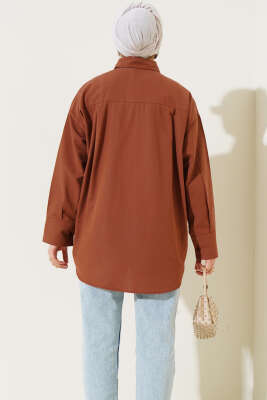 Gizli Düğmeli Basic Gömlek Kahve - Thumbnail