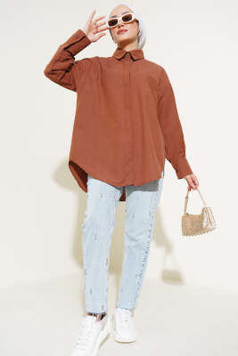 Gizli Düğmeli Basic Gömlek Kahve - Thumbnail