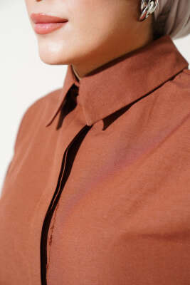 Gizli Düğmeli Basic Gömlek Kahve - Thumbnail