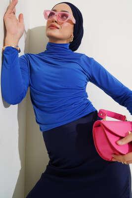 Pazarium - Balıkçı Yaka Büzgülü Bluz Saks