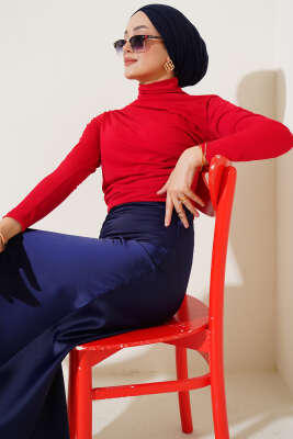 Pazarium - Balıkçı Yaka Büzgülü Bluz Kırmızı