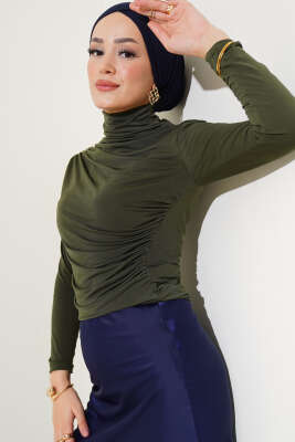 Balıkçı Yaka Büzgülü Bluz Haki - Thumbnail