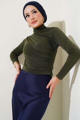 Balıkçı Yaka Büzgülü Bluz Haki - Thumbnail