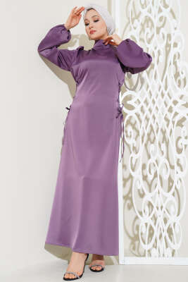 Pazarium - Yanları İp Bağlamalı Saten Elbise Magenta