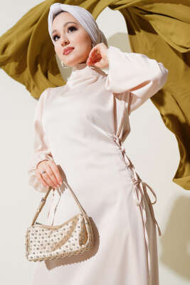 Yanları İp Bağlamalı Saten Elbise Bej - Thumbnail