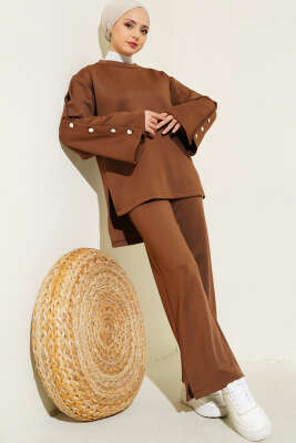 Pazarium - Kolu Boydan Düğmeli Scuba İkili Takım Kahve