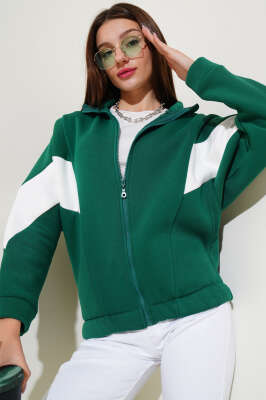 Pazarium - Garnili Üç İplik Salaş Kısa Hırka Yeşil