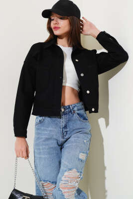 Çift Göğüs Cepli Kısa Kot Ceket Siyah - Thumbnail