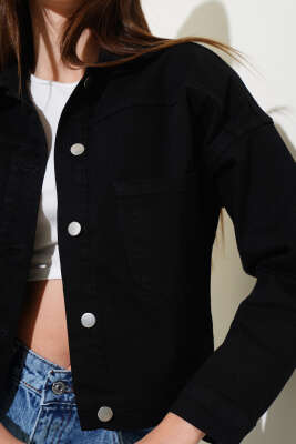 Çift Göğüs Cepli Kısa Kot Ceket Siyah - Thumbnail