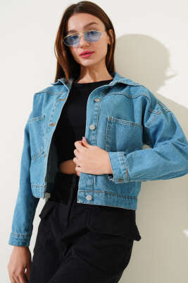 Çift Göğüs Cepli Kısa Kot Ceket Kot Mavisi - Thumbnail