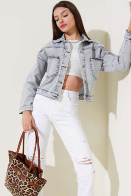 Çift Göğüs Cepli Kısa Kot Ceket Gri - Thumbnail