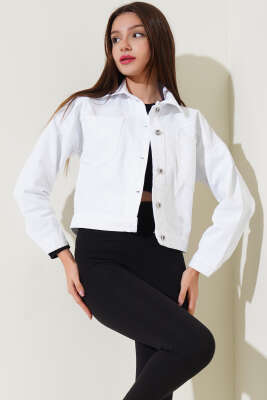 Çift Göğüs Cepli Kısa Kot Ceket Beyaz - Thumbnail