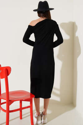Tek Omuz Basic Elbise Siyah - Thumbnail