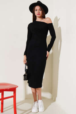 Tek Omuz Basic Elbise Siyah - Thumbnail