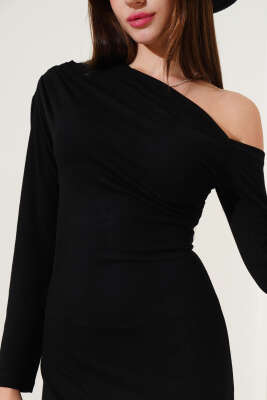 Tek Omuz Basic Elbise Siyah - Thumbnail