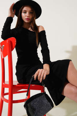 Tek Omuz Basic Elbise Siyah - Thumbnail