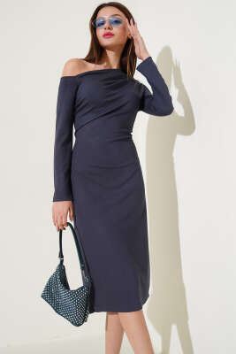 Tek Omuz Basic Elbise Füme - Thumbnail