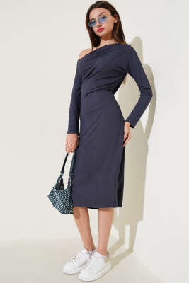 Tek Omuz Basic Elbise Füme - Thumbnail