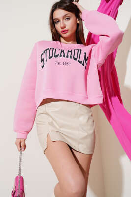 	 Üç İplik Kısa Sweatshirt Pembe - Thumbnail
