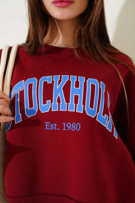 Üç İplik Kısa Sweatshirt Bordo - Thumbnail