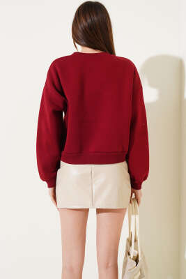 Üç İplik Kısa Sweatshirt Bordo - Thumbnail