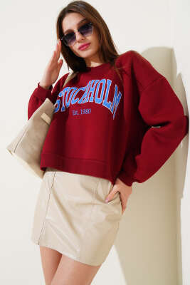 Üç İplik Kısa Sweatshirt Bordo - Thumbnail