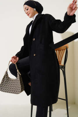 Pazarium - Kol Düğmeli Kaşe Kaban Siyah