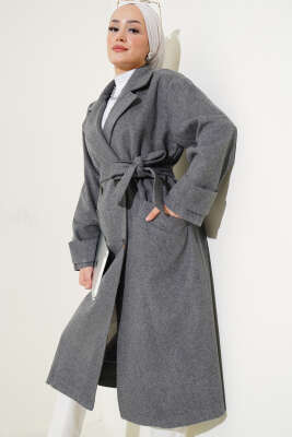 Pazarium - Kol Düğmeli Kaşe Kaban Füme