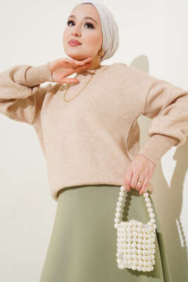 Basic Yumoş Triko Kazak Vizon - Thumbnail