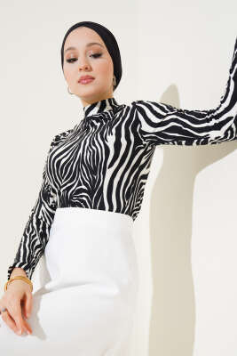 Karışık Desen Balıkçı Yaka Bluz Zebra - Thumbnail