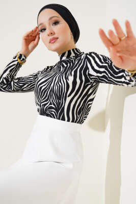 Karışık Desen Balıkçı Yaka Bluz Zebra - Thumbnail