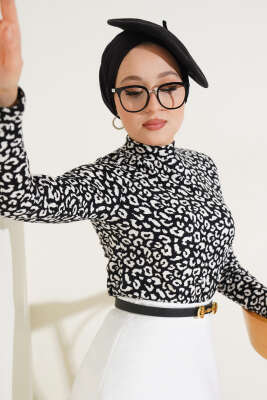 Karışık Desen Balıkçı Yaka Bluz Siyah Beyaz - Thumbnail