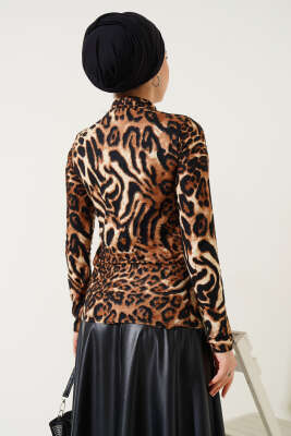 Karışık Desen Balıkçı Yaka Bluz Leopar - Thumbnail