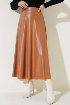 Beli Lastikli Kloş Deri Etek Latte - Thumbnail